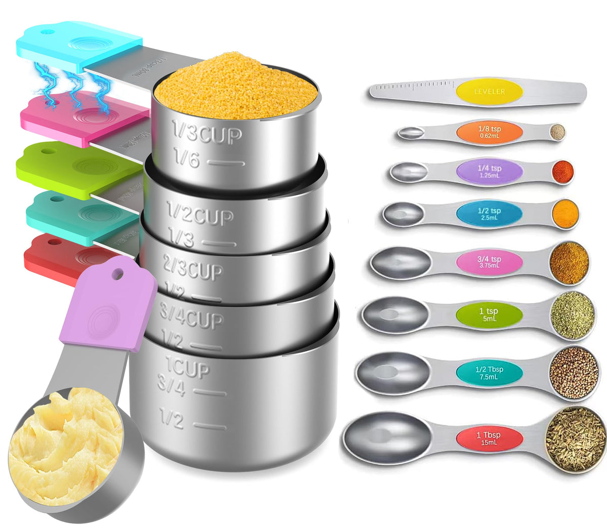 Stainless Steel Magnetic Measuring Cups and Spoons Set, 5 Nesting Magnetic Measuring Cup, 7 Magnetic Measuring Spoons, 1 Leveler for Liquid & Dry