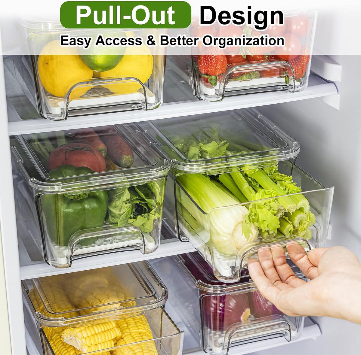 ANDGOO Pull-Out Fridge Organizer Bins, 4-Pack, Drain Tray, Clear