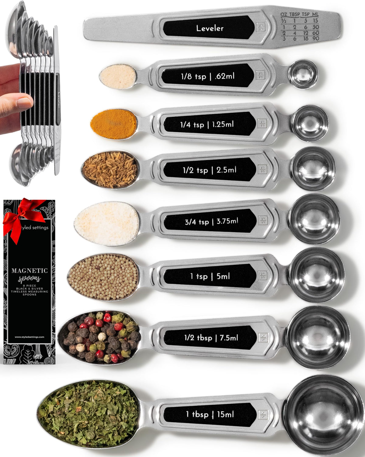 Gold Magnetic Measuring Spoons with Leveler - Featuring 8-Piece Upgraded Style, Dual-Sided, Stackable, Stainless Steel Gold Measuring Spoons Set - Fits in Spice Jars, Luxury Kitchen Accessories