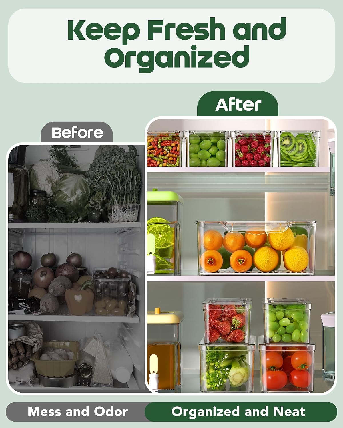 KEMETHY 11 Pack Refrigerator Organizers and Storage, Stackable Fridge Organizer Bins, BPA-Free Clear Plastic Fruit Storage Containers for Fridge, Kitchen, Fruits, Drinks, Produce, Vegetable