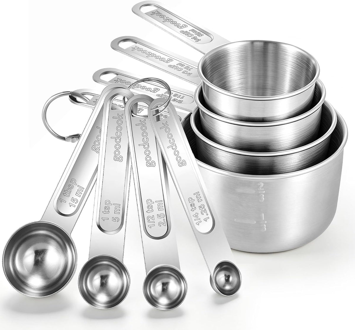 YC Kitchen Measuring Cups and Spoons Set, 8-Piece, Stainless Steel