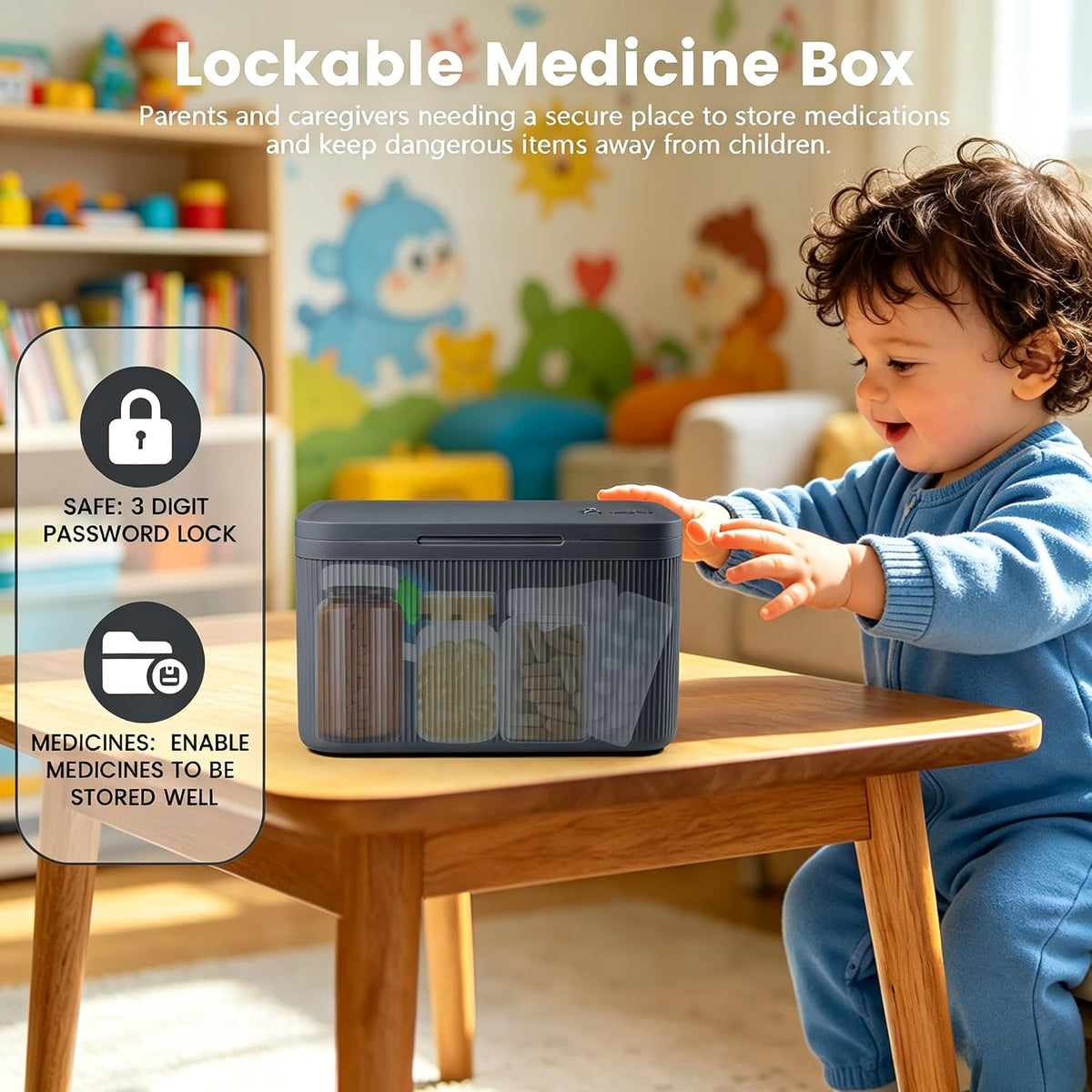 Upgraded Taller Size Medicine Lock Box,Lockable Storage Box with Combination Code for Medication Safe,Lock Box for Pills/Snack/Ipad Mini,Locked Container for Home/Office 9.4X5.15X5.7inch Medium