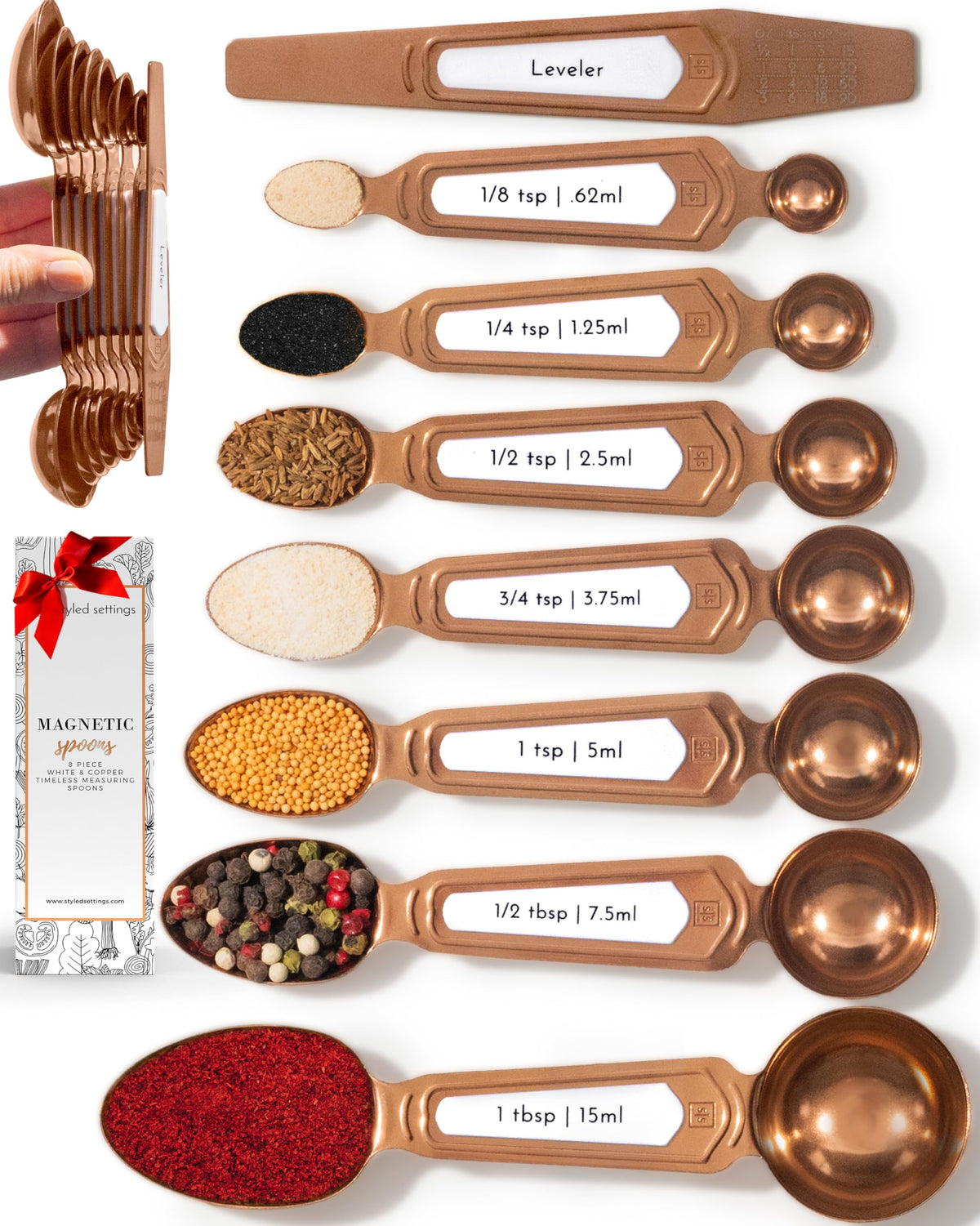 Gold Magnetic Measuring Spoons with Leveler - Featuring 8-Piece Upgraded Style, Dual-Sided, Stackable, Stainless Steel Gold Measuring Spoons Set - Fits in Spice Jars, Luxury Kitchen Accessories