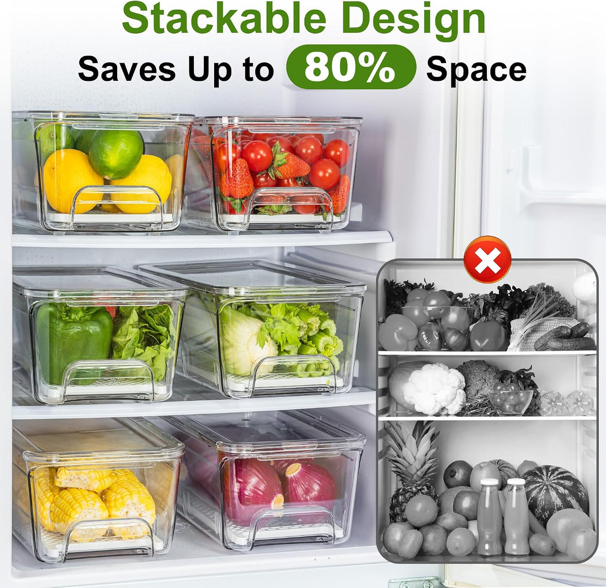 ANDGOO Pull-Out Fridge Organizer Bins, 4-Pack, Drain Tray, Clear