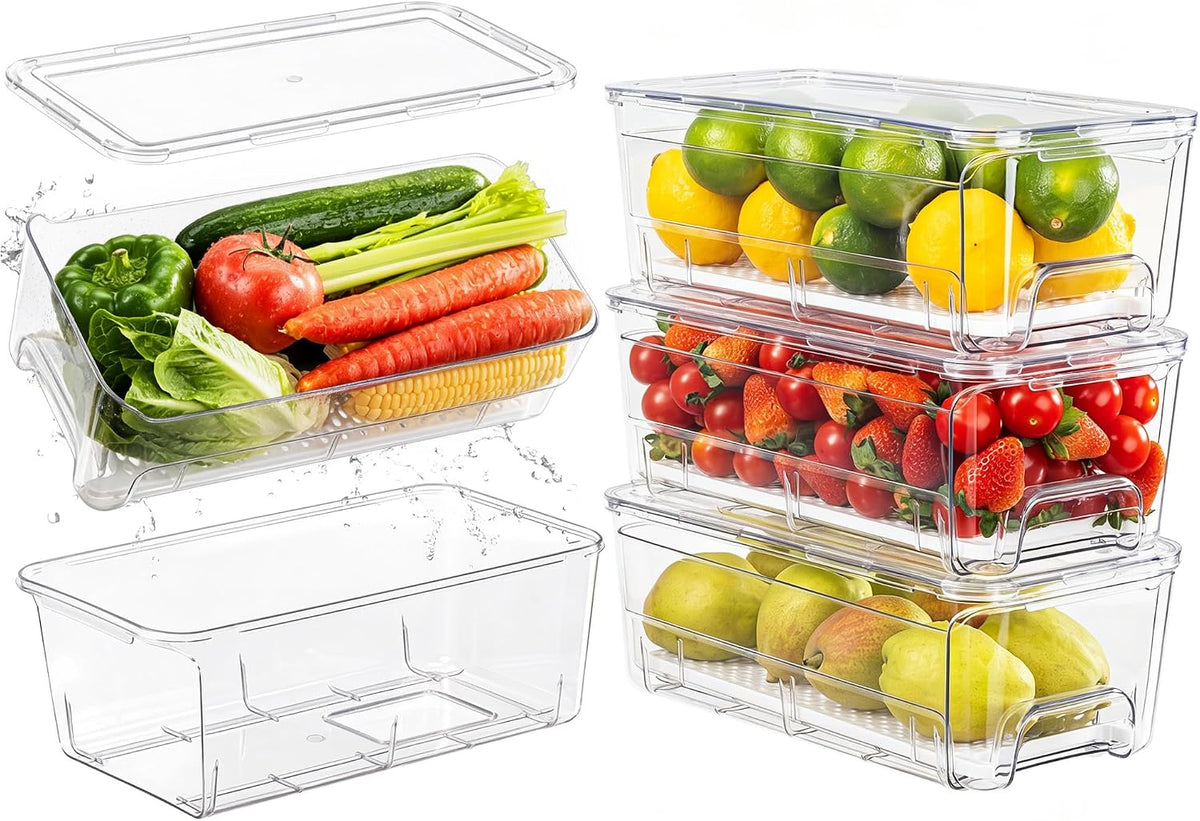 ANDGOO Pull-Out Fridge Organizer Bins, 4-Pack, Drain Tray, Clear