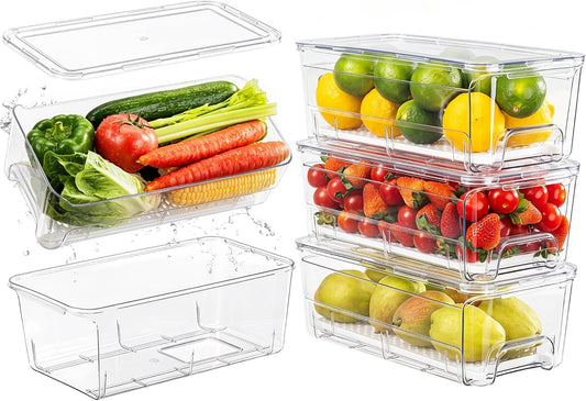 ANDGOO Pull-Out Fridge Organizer Bins, 4-Pack, Drain Tray, Clear