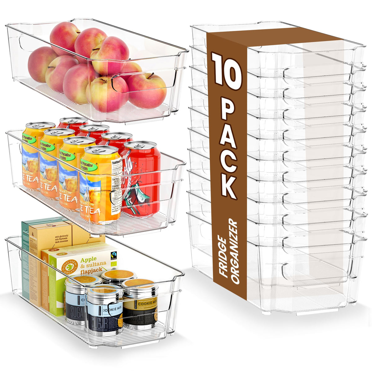 Clear Fridge Organizer, Refrigerator Organizer Bins with Handle, Freezer, Kitchen Cabinet, Pantry Organization, BPA Free Fridge Organizers (12.4 inch 8 Pack)