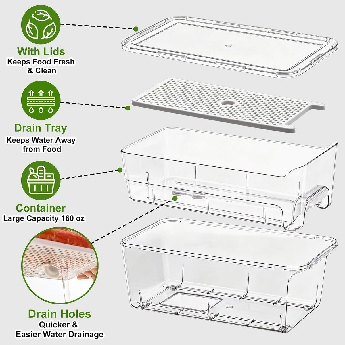 ANDGOO Pull-Out Fridge Organizer Bins, 4-Pack, Drain Tray, Clear
