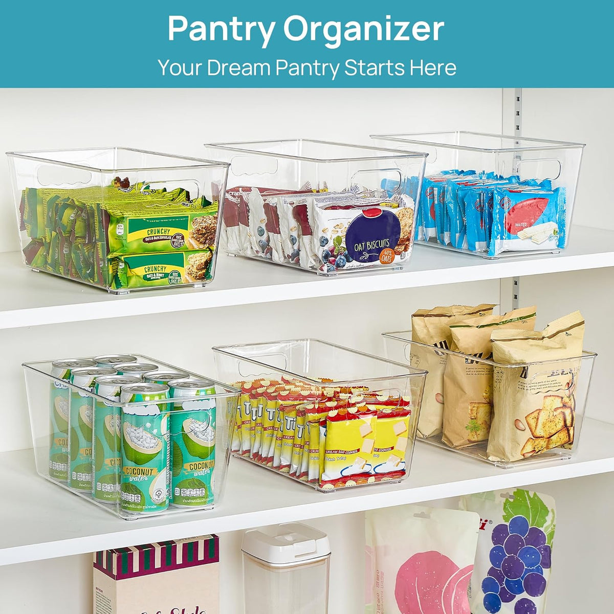 Vtopmart 6 Pack Clear Storage Bins, Pantry Cabinet Organizer Bins, Medium