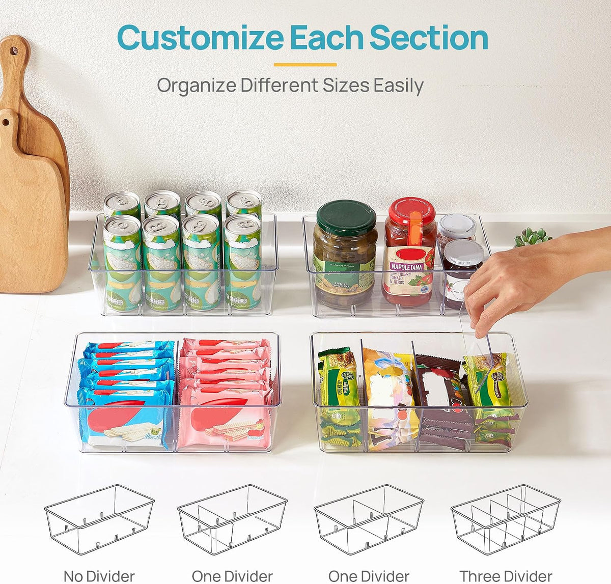 Vtopmart 4 Pack Food Storage Organizer Bins, Clear Plastic, 4 Compartments
