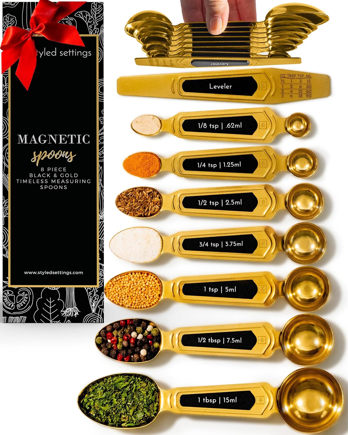 Gold Magnetic Measuring Spoons with Leveler - Featuring 8-Piece Upgraded Style, Dual-Sided, Stackable, Stainless Steel Gold Measuring Spoons Set - Fits in Spice Jars, Luxury Kitchen Accessories