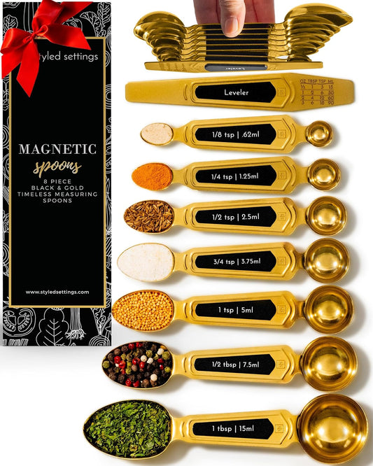 Gold Magnetic Measuring Spoons with Leveler - Featuring 8-Piece Upgraded Style, Dual-Sided, Stackable, Stainless Steel Gold Measuring Spoons Set - Fits in Spice Jars, Luxury Kitchen Accessories